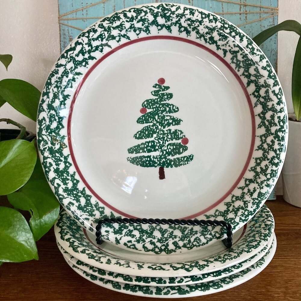 Furio Christmas Tree Dinner Plates Italy Green Sponged 10 1/4”  Set of 4